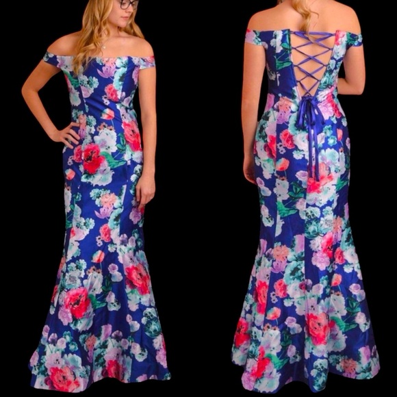 My Michelle Dresses & Skirts - Off The Shoulder Floral Print Satin Square Neck Corset Back Hourglass Prom Dress